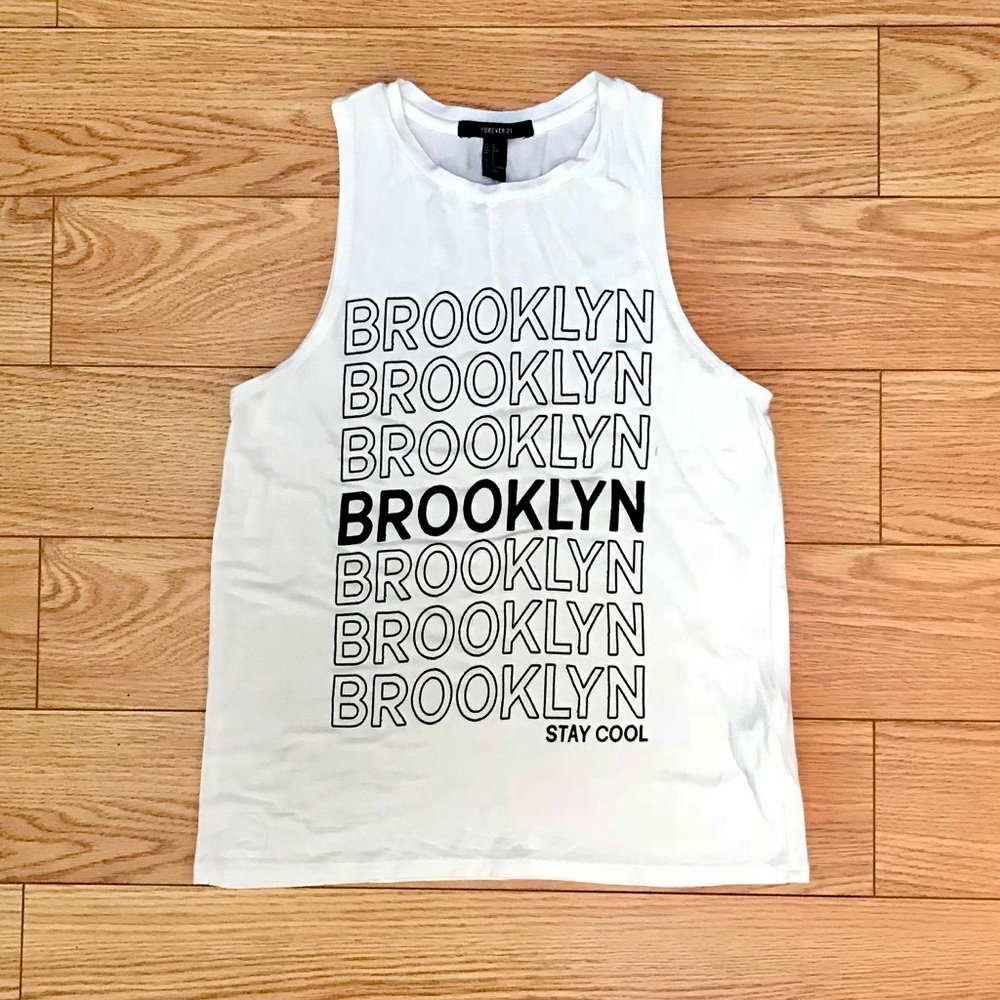 F21 Brooklyn Graphics Off-White Muscle Tank Top S